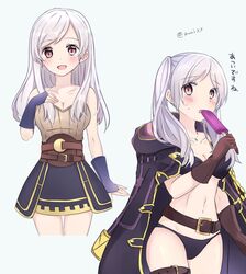  :d alternate_hairstyle asymmetrical_bangs bare_legs belt bikini black_bikini black_skirt blue_background blush breasts brown_gloves brown_shirt cleavage cloak commentary cowboy_shot eating female fire_emblem fire_emblem_awakening fire_emblem_heroes food gloves hair_down hand_on_own_chest highres holding holding_food jewelry long_hair looking_at_viewer medium_breasts midriff multiple_views navel necklace off-shoulder_shirt off_shoulder on_shoulder open_mouth parted_bangs popsicle puni_y_y purple_cloak red_eyes ribbed_shirt robin_(female)_(fire_emblem) robin_(female)_(summer)_(fire_emblem) robin_(fire_emblem) shirt simple_background skirt smile straight_hair sweatdrop swimsuit thigh_strap thighs translated twintails twitter_username white_hair 