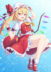  adapted_costume ascot blonde_hair blue_background bow breasts buttons crystal female flandre_scarlet frilled_shirt_collar frilled_skirt frilled_sleeves frills full_body hat highres ling_huanxiang looking_at_viewer medium_hair mob_cap oerba_yun_fang one_side_up puffy_short_sleeves puffy_sleeves red_bow red_eyes red_ribbon red_skirt red_vest ribbon shirt short_sleeves skirt skirt_set small_breasts smile solo touhou vest white_shirt wings wrist_cuffs yellow_ascot 