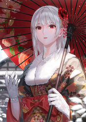  absurdres blurry blurry_background blurry_foreground bow breasts commentary depth_of_field english_commentary female floral_print flower fur-trimmed_kimono fur_trim gloves hair_flower hair_ornament highres holding holding_umbrella japanese_clothes kfr kimono lace lace_gloves large_breasts long_hair looking_at_viewer obi original parted_lips print_kimono print_umbrella red_bow red_eyes red_flower sash snow snowing solo umbrella upper_body white_gloves winter winter_clothes 