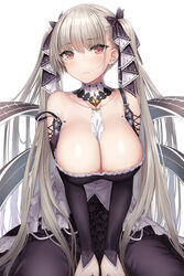  azur_lane bare_shoulders between_breasts black_bow black_dress blush bow breasts cleavage closed_mouth collarbone commentary_request detached_collar detached_sleeves dress earrings expressionless female formidable_(azur_lane) frilled_dress frills grey_hair hairbow highres jewelry large_breasts long_sleeves looking_at_viewer mizuya_nao partial_commentary red_eyes simple_background sitting solo straight_hair stud_earrings twintails white_background 