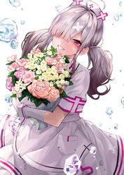  ahoge apron bandaged_arm bandages bouquet commentary_request dress female flower gloves grey_hair grin hair_ornament hair_over_one_eye hat hugging_object konkito long_hair looking_at_viewer nijisanji nurse nurse_cap pink_flower pink_rose purple_eyes rose short_sleeves simple_background smile solo sukoya_kana twintails virtual_youtuber waist_apron water_drop white_apron white_background white_dress white_flower white_gloves white_hat x_hair_ornament 