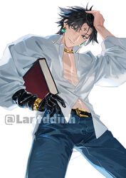  1boy alternate_costume black_eyes black_hair book chrollo_lucilfer cross_tattoo denim earrings facial_mark feet_out_of_frame forehead_tattoo formal from_below holding holding_book hunter_x_hunter jeans jewelry lan_dinh_thi_dieu long_sleeves looking_at_viewer male_focus midriff_peek pants pectoral_cleavage pectorals shirt short_hair simple_background solo versace white_shirt 