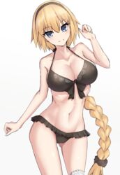  bare_shoulders bikini black_bikini blonde_hair blue_eyes blush braid braided_ponytail breasts cleavage collarbone elfenlied22 fate/grand_order fate_(series) female hairband jeanne_d&#039;arc_(fate) jeanne_d&#039;arc_(swimsuit_archer)_(fate) jeanne_d&#039;arc_(swimsuit_archer)_(first_ascension)_(fate) large_breasts long_hair looking_at_viewer navel simple_background smile solo swimsuit thighs very_long_hair white_background 