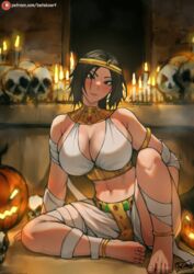  abs anklet armlet artist_name bandages barefoot batako_(batakoart) black_hair blush breasts brown_eyes candle candlelight cleavage clothing_request egyptian female gold halloween head_tilt highres huge_breasts jack-o&#039;-lantern jewelry knee_up lara_croft legs lips looking_at_viewer mature_female mummy_costume muscular muscular_female parted_bangs patreon_logo pink_lips shiny_skin sitting skull smile solo toes tomb_raider tomb_raider_(reboot) 