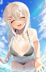  ass_visible_through_thighs bikini bikini_under_clothes black_bikini breasts closed_eyes female happy highres igayan large_breasts leaning_forward no_pants ocean open_mouth original outdoors see-through shirt short_hair sky standing swimsuit t-shirt water wet wet_clothes wet_shirt white_hair white_shirt 