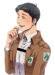  1boy backlighting black_hair blush breast_pocket brown_jacket chest_harness collared_shirt commentary_request cropped_jacket emblem finger_to_cheek freckles harness highres jacket leather leather_jacket long_sleeves male_focus marco_bott military_police_brigade_(emblem) nene_(10575936) open_clothes open_jacket open_mouth paradis_military_uniform pocket shingeki_no_kyojin shirt short_hair smile solo undershirt upper_body white_shirt wing_collar 