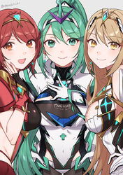  3girls bare_shoulders blonde_hair blush bob_cut breasts chest_jewel cleavage commentary_request covered_navel earrings green_eyes green_hair headpiece highres jewelry large_breasts long_hair looking_at_viewer multiple_girls mythra_(xenoblade) partial_commentary peach11_01 pneuma_(xenoblade) ponytail pyra_(xenoblade) red_hair short_hair smile swept_bangs tiara very_long_hair xenoblade_chronicles_(series) xenoblade_chronicles_2 yellow_eyes 