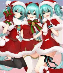  3girls aqua_eyes aqua_hair bell belt black_legwear capelet christmas clone commentary dress ebi_(yzpiyo039) fur-trimmed_headwear fur_trim gift girl_sandwich gloves hair_ornament hat hatsune_miku holding long_hair looking_at_viewer multiple_girls open_mouth pom_pom_(clothes) red_footwear red_gloves red_headwear sack sandwiched santa_costume santa_hat short_dress side-by-side smile striped thighhighs twintails very_long_hair vocaloid white_legwear zettai_ryouiki 