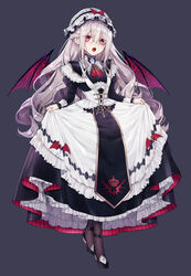  absurdres ascot bad_id bad_twitter_id bat_wings black_pantyhose bow braid commentary_request corset crown_braid dress eyes_visible_through_hair fangs female fingernails frilled_dress frills goshi-san gothic_lolita grey_background hat heart highres jewelry lace lace-trimmed_dress lace_trim lolita_fashion long_dress long_hair looking_at_viewer mob_cap open_mouth original pantyhose pendant red_ascot red_bow red_eyes sidelocks silk simple_background skirt_hold slit_pupils solo spider_web vampire very_long_hair wavy_hair white_hair wings 