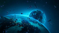  blue_theme earth_(planet) highres kyarage_(soda) no_humans original planet satellite scenery sky space star_(sky) 