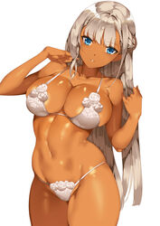  bare_shoulders blue_eyes blunt_bangs blush bra braid breasts cleavage commentary_request dark-skinned_female dark_skin female french_braid grey_hair kasshoku-chan_(saburou) large_breasts lingerie long_hair looking_at_viewer navel original panties parted_lips saburou_(hgmg) shiny_skin simple_background smile solo standing underwear underwear_only very_long_hair white_background white_bra white_panties 