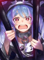  animal_ears bars blue_hair blush braid chained chains collar commentary_request female hat highres hololive indoors long_hair looking_at_viewer metal_collar open_mouth prison prison_clothes rabbit_ears rabbit_girl red_eyes solo tears teeth torriet upper_body upper_teeth_only usada_pekora usada_pekora_(prisoner) virtual_youtuber 