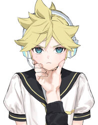  1boy aqua_eyes blonde_hair commentary headphones headset kagamine_len light_blush light_frown looking_at_viewer male_focus master_(vocaloid) naoko_(naonocoto) necktie pov pov_hands shirt short_sleeves simple_background spiked_hair sweat v-shaped_eyebrows vocaloid white_background white_shirt yellow_necktie 