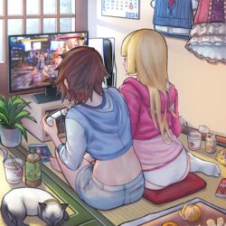  2girls absurdres ai_shou ass blonde_hair brown_hair calendar_(object) chopsticks crop_top denim denim_shorts dualsense feline food fruit game_console highres hood hoodie indoors kazama_asuka leaning_on_person lili_(tekken) long_hair meta multiple_girls nissin_cup_noodle orange_(fruit) panties plant playing_games playstation_5 playstation_controller pocky salt_(tekken) short_hair short_shorts shorts siamese_cat socks soles tekken tekken_8 television underwear white_panties 