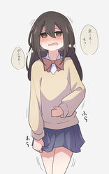  arm_at_side blue_skirt blush bow bowtie breath brown_eyes brown_hair collared_shirt commentary cowboy_shot embarrassed female flat_chest grey_background hair_between_eyes half-closed_eyes hand_on_own_stomach have_to_pee highres long_hair long_sleeves miniskirt motion_lines nose_blush open_mouth original pleated_skirt red_bow red_bowtie school_uniform shirt sidelocks simple_background skirt skirt_grab solo standing sweat sweater thighs thought_bubble translation_request urine_meter watakarashi white_shirt yellow_sweater 