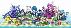  1other 2girls 6+boys absurdres antlers beak berdly_(deltarune) burger chalk commentary cookie cup cupcake deltarune eating english_commentary food furry furry_female furry_male glasses goat_horns heterochromatic_eyewear highres horns jevil juice_box ketrindarkdragon kris_(deltarune) lancer_(deltarune) monster_boy multiple_boys multiple_girls noelle_holiday picnic picnic_basket ralsei reindeer_antlers round_eyewear rouxls_kaard sandwich sharp_teeth sitting smile spamton_g._spamton susie_(deltarune) teacup teeth the_original_starwalker 