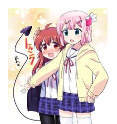  2girls ahoge blush brown_eyes brown_hair chiyoda_momo curled_horns demon_girl demon_horns demon_tail hair_ornament hood hoodie horns long_hair long_tail machikado_mazoku mukaibi_aoi multiple_girls open_mouth pantyhose pink_hair school_uniform short_hair tail thighhighs yoshida_yuuko_(machikado_mazoku) 