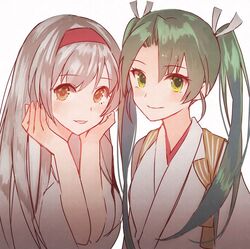  2girls brown_eyes commentary_request dark_green_hair green_eyes grey_hair hairband hands_on_own_face japanese_clothes kantai_collection kasumi_(skchkko) long_hair looking_at_viewer multiple_girls red_hairband shoukaku_(kancolle) shoukaku_kai_ni_(kancolle) simple_background tasuki twintails upper_body white_background zuikaku_(kancolle) zuikaku_kai_ni_(kancolle) 