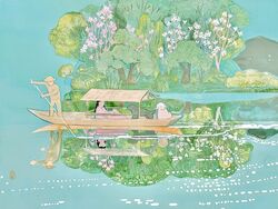  1boy black_dog black_hair boat building canine female flower hat highres isozaki_nana long_hair long_sleeves original pink_flower reflection tree watercraft white_dog white_flower 