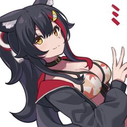  :3 animal_ear_fluff animal_ears bikini bikini_under_clothes black_choker black_hair black_jacket breasts choker female hair_ornament high_ponytail hololive jacket large_breasts leaf_print long_hair long_sleeves looking_at_viewer multicolored_hair ookami_mio ookami_mio_(hololive_summer_2019) open_clothes open_jacket sidelocks simple_background solo streaked_hair swimsuit upper_body v virtual_youtuber white_background white_bikini wolf_ears yellow_eyes yomogi_uehara 