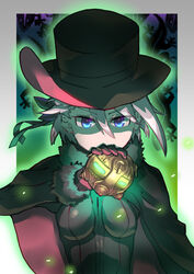  absurdres ange_(princess_principal) aura ball black_bodysuit black_cape black_hat blue_eyes bodysuit boutarou_rx_78 breasts cape cavorite_ball female grey_hair hair_between_eyes hair_ribbon hat highres holding holding_ball lizard princess_principal ribbon short_hair small_breasts solo top_hat two-tone_cape upper_body 