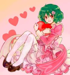  :d ahoge bloomers dress female flower frills green_hair hair_flower hair_ornament hugging_object kimidori_(kimidoriri) macross macross_frontier open_mouth pink_dress pink_flower ranka_lee red_eyes short_hair smile solo underwear uta_macross_sumaho_deculture 