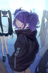  5girls asymmetrical_bangs black_jacket blunt_bangs diagonal_bangs from_behind hands_in_pockets head_out_of_frame highres hood hooded_jacket idolmaster idolmaster_shiny_colors jacket l&#039;antica_(idolmaster) light_smile looking_at_viewer looking_back mitsumine_yuika multiple_girls purple_eyes purple_hair purple_lips shirase_sakuya solo_focus tanaka_mamimi tsukioka_kogane twintails yukoku_kiriko zhili_xingzou 