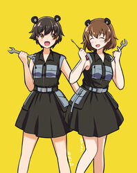  2girls alternate_costume animal_ears artist_name belt brown_eyes brown_hair closed_eyes collared_dress commentary dress fake_animal_ears freckles girls_und_panzer grey_belt holding holding_screwdriver holding_wrench katakori_sugita looking_at_viewer medium_dress multiple_girls nakajima_(girls_und_panzer) open_mouth screwdriver short_hair signature simple_background sleeveless sleeveless_dress smile standing tsuchiya_(girls_und_panzer) wrench yellow_background 