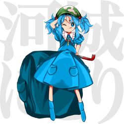  backpack bag blue_bag blue_eyes blue_footwear blue_hair blue_shirt blue_skirt boots cabbie_hat closed_mouth collared_shirt commentary crowbar female flat_cap frilled_shirt_collar frills full_body green_hat hair_bobbles hair_ornament hand_in_own_hair harukawa_moe_(style) hat highres holding holding_crowbar jewelry kawashiro_nitori keiki8296 key key_necklace medium_hair necklace one_eye_closed oversized_object pocket puffy_short_sleeves puffy_sleeves rubber_boots shirt short_sleeves short_twintails sidelocks skirt skirt_set solo standing tongue tongue_out touhou twintails two_side_up 