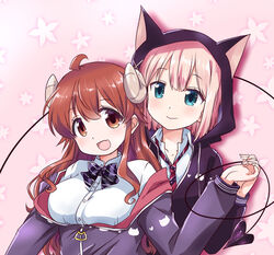  2girls ahoge animal_ears animal_hood blush brown_eyes brown_hair cat_ears chiyoda_momo commentary_request couple curled_horns demon_girl demon_horns demon_tail hair_ornament happy holding_another&#039;s_tail hood hoodie horns interlocked_fingers jacket long_hair long_tail machikado_mazoku mukaibi_aoi multiple_girls necktie oerba_yun_fang open_mouth pink_background pink_hair short_hair skin_fang tail tail_wrap yoshida_yuuko_(machikado_mazoku) yuri 