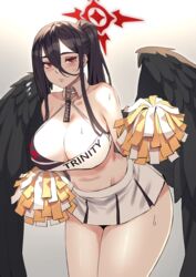  bare_shoulders bird_wings black_hair black_wings blue_archive blush breasts carcass_(artist) cheerleader cleavage closed_mouth collarbone detached_collar english_text feathered_wings female hair_between_eyes halo hasumi_(blue_archive) highres large_breasts leaning leaning_forward long_hair looking_at_viewer midriff navel pleated_skirt pom_pom_(cheerleading) ponytail sidelocks skirt solo stomach sweat sweatdrop thick_thighs thighs wings 