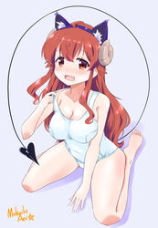  ahoge animal_ears blush breasts brown_hair curled_horns demon_girl demon_horns demon_tail fake_animal_ears female highres horns long_hair looking_at_viewer machikado_mazoku mukaibi_aoi one-piece_swimsuit open_mouth school_swimsuit solo swimsuit tail white_one-piece_swimsuit yoshida_yuuko_(machikado_mazoku) 