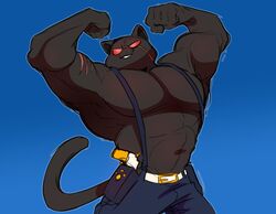  anthro belt big_muscles big_pecs blush bottomwear cat_tail clothed clothing denim denim_bottomwear denim_clothing domestic_cat epic_games facial_scar felid feline felis flexing fortnite gun gun_holster holster huge_muscles huge_pecs jeans komoroshi_(artist) male mammal meowscles meowscles_(shadow) muscular muscular_anthro muscular_male overalls pants pecs ranged_weapon scar smile smirk solo topless weapon 