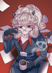  absurdres bad_id bad_twitter_id bags_under_eyes black_gloves black_horns black_suit black_tail business_suit coffee coffee_mug collared_shirt cup curly_hair demon_girl demon_horns demon_tail female formal glasses gloves helltaker highres horns looking_at_viewer mug pandemonica_(helltaker) ponytail shirt solo suit tail takamizo white_hair 