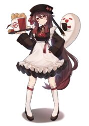  alternate_costume apron bird boo_tao_(genshin_impact) brown_hair chicken closed_eyes cosplay employee_uniform fast_food_uniform female food french_fries frilled_skirt frills full_body genshin_impact ghost hair_ornament hand_on_own_hip hat high_heels highres hu_tao_(genshin_impact) kfc long_hair long_sleeves maid maid_apron multicolored_hair neckerchief oerba_yun_fang open_mouth parody red_eyes red_hair rktsm simple_background skirt smile socks solo standing tray two-tone_hair uniform very_long_hair white_background wide_sleeves 