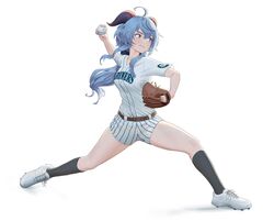  absurdres ahoge ball baseball baseball_mitt baseball_uniform belt belt_buckle black_socks blue_eyes blue_hair blush breasts brown_eyes buckle carlo_montie clothes_writing collarbone female fingernails full_body ganyu_(genshin_impact) genshin_impact goat_horns highres horns kneehighs long_hair major_league_baseball medium_breasts multicolored_eyes playing_sports seattle_mariners shoes shorts sidelocks signature simple_background sneakers socks solo sportswear throwing white_background 