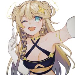  ;d absurdres armlet blonde_hair blue_eyes braid breasts bustier clothing_cutout commentary commission double_bun earrings english_commentary female french_braid gloves hair_bun highres index_finger_raised jewelry kaneko_lumi kaneko_lumi_(1st_costume) long_hair looking_at_viewer medium_breasts naponapo_6262 one_eye_closed phase_connect second-party_source selfie side_braid skeb_commission smile solo star_(sky) star_(symbol) star_earrings underboob underboob_cutout very_long_hair virtual_youtuber white_gloves 