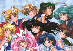  1990s_(style) 6+girls :d aino_minako aqua_hair bishoujo_senshi_sailor_moon bishoujo_senshi_sailor_moon_supers black_eyes black_hair blonde_hair blue_eyes blue_hair brooch brown_hair chibi_usa choker closed_mouth cone_hair_bun crescent crescent_earrings crisis_moon_compact double_bun earrings elbow_gloves gloves green_eyes green_hair hair_bobbles hair_bun hair_ornament heart heart_brooch heart_choker high_ponytail highres hino_rei jewelry kaiou_michiru kino_makoto leotard light_brown_hair long_hair looking_at_viewer magical_girl meiou_setsuna mizuno_ami multiple_girls non-web_source official_art open_mouth photoshop_(medium) pink_hair purple_eyes red_eyes retro_artstyle sailor_chibi_moon sailor_jupiter sailor_mars sailor_mercury sailor_moon sailor_neptune sailor_pluto sailor_senshi sailor_senshi_uniform sailor_uranus sailor_venus scan short_hair single_hair_bun smile star_(symbol) star_choker super_sailor_chibi_moon super_sailor_moon ten&#039;ou_haruka tiara tominaga_mari tsukino_usagi twintails very_long_hair 