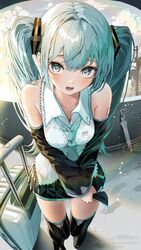  aqua_eyes aqua_hair arm_tattoo bare_shoulders black_skirt black_sleeves boots cloud commentary detached_sleeves female fisheye hair_ornament hatsune_miku highres necktie pleated_skirt pov_peephole power_lines rolling_suitcase shirubaa skirt sky solo suitcase tattoo thigh_boots twintails umbrella utility_pole vocaloid wet wet_clothes wringing_clothes wringing_skirt 