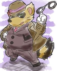  2022 anthro belly big_belly bottomwear brown_body canid canine clothing cuff_(restraint) green_eyes handcuffs hat headgear headwear hi_res kemono male mammal metal_cuffs necktie overweight overweight_male pants prototendon raccoon_dog restraints sengoku_puzzle shirt solo tanuki tokugawa_ieyasu topwear 