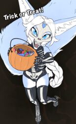  2022 anthro blokfort blue_body blue_eyes blue_fur breasts candy canid canine clothing dessert female fennec_fox food fox fur hair halloween hi_res holidays kalta_(blokfort) mammal mask simple_background skeleton_costume skull_mask solo true_fox white_body white_fur white_hair 