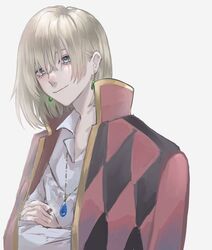  1boy argyle blonde_hair blue_eyes collared_shirt earrings hanatama_(orev4xx) highres howl_(howl_no_ugoku_shiro) howl_no_ugoku_shiro jewelry male_focus medium_hair necklace ring shirt simple_background smile solo white_background white_shirt 