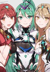  3girls bare_shoulders blonde_hair blush bob_cut breasts chest_jewel cleavage commentary covered_navel earrings green_eyes green_hair headpiece highres jewelry large_breasts long_hair looking_at_viewer multiple_girls mythra_(xenoblade) peach11_01 pneuma_(xenoblade) ponytail pyra_(xenoblade) red_hair short_hair smile swept_bangs symbol-only_commentary tiara very_long_hair xenoblade_chronicles_(series) xenoblade_chronicles_2 yellow_eyes 