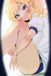  ass bad_id bad_pixiv_id blonde_hair blue_eyes blue_shorts blush commentary_request feet_out_of_frame female from_side fujima_(k114) grin highres hugging_own_legs idolmaster idolmaster_cinderella_girls long_hair looking_at_viewer oerba_yun_fang ohtsuki_yui own_hands_together puffy_short_sleeves puffy_sleeves shirt short_sleeves shorts smile solo teeth white_shirt 