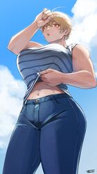  blonde_hair blue_period blue_sky breasts cloud day denim female highres jeans large_breasts miki_kinemi navel open_mouth outdoors pants plump red_eyes shirt short_hair sky solo standing striped_clothes striped_shirt sunsirou sweat wiping_sweat 