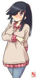  2021 alternate_costume artist_logo black_hair blue_pants brown_eyes brown_sweater collared_shirt commentary_request cowboy_shot dated denim female hair_ornament hair_over_one_eye hairclip hayashimo_(kancolle) hime_cut jeans jewelry kanon_(kurogane_knights) kantai_collection long_hair necklace one-hour_drawing_challenge pants plaid plaid_shirt red_shirt shirt simple_background solo sweater very_long_hair white_background 