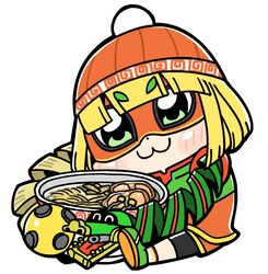  :3 arms_(game) beanie bkub blonde_hair blush bowl chibi commentary dragon_(arms) eyebrows_visible_through_mask female food full_body green_eyes hat highres holding holding_bowl knit_hat meandros megawatt_(arms) min_min_(arms) noodles orange_hat ramen simple_background sitting solo super_smash_bros. white_background 