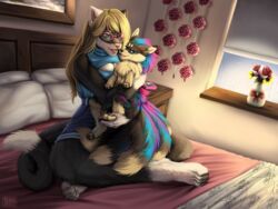  ambiguous_gender anthro bed blonde_hair breasts canid canine claws cleavage clothed clothing cuddling duo eyewear female feral flower fluffy fluffy_tail fur furniture glasses hair mammal multi_tail multicolored_body multicolored_fur pillow plant ruo ruolina sinopa_(m18wolf) tail 