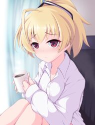  absurdres ahoge andou_tazusa assault_lily black_ribbon blonde_hair blurry blurry_background blush breasts closed_mouth coffee collarbone collared_shirt commentary_request cup curtains dress_shirt female fingernails hands_up highres holding holding_cup indoors knees_up kuroha_koudai long_sleeves looking_at_viewer mug no_pants nose_blush ponytail raised_eyebrows red_eyes ribbon shirt short_hair sitting sleeves_past_wrists small_breasts solo steam two-tone_ribbon upper_body white_ribbon white_shirt 