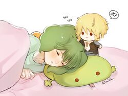  blonde_hair blush brera_sterne closed_eyes female green_hair headpat kimidori_(kimidoriri) lying macross macross_frontier on_side oosanshouuo-san ranka_lee short_hair sleeping under_covers 